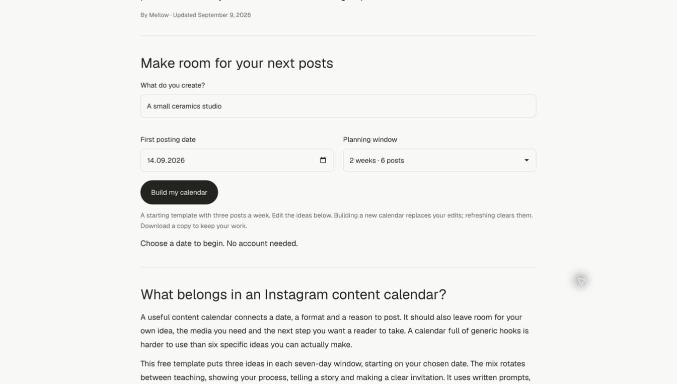 The calendar form filled with a ceramics studio topic, September 14, 2026 and a two-week window, above Build my calendar.