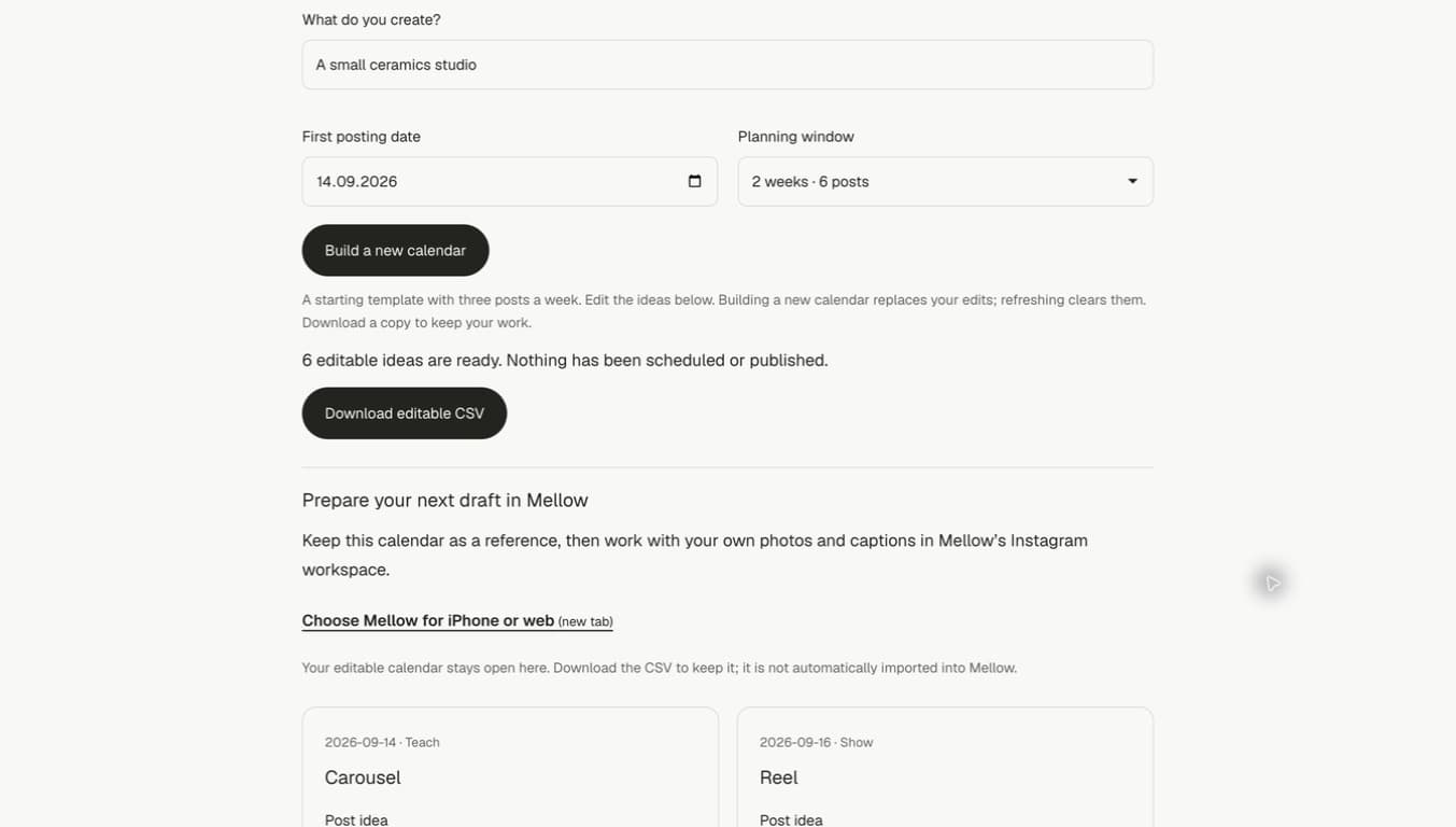 Six editable ideas are ready, with Download editable CSV and the separate link to choose Mellow for iPhone or web.