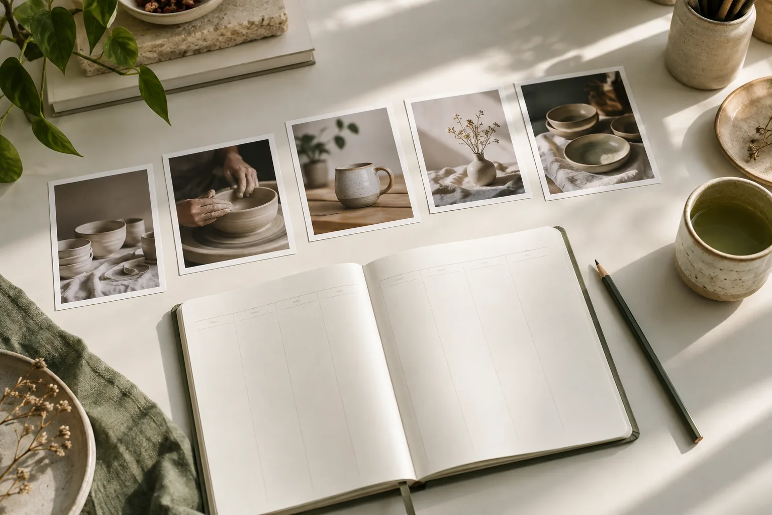 Ceramics photo prints arranged beside a paper planner, illustrating a sequence of content ideas.