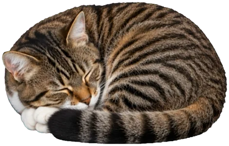 The cat asleep, curled into a ball, beside a small desk clock.