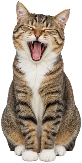 The cat sitting and yawning widely.
