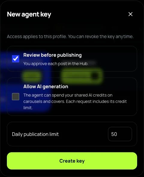 Actual New agent key form: Review before publishing checked, Allow AI generation unchecked, daily publication limit field