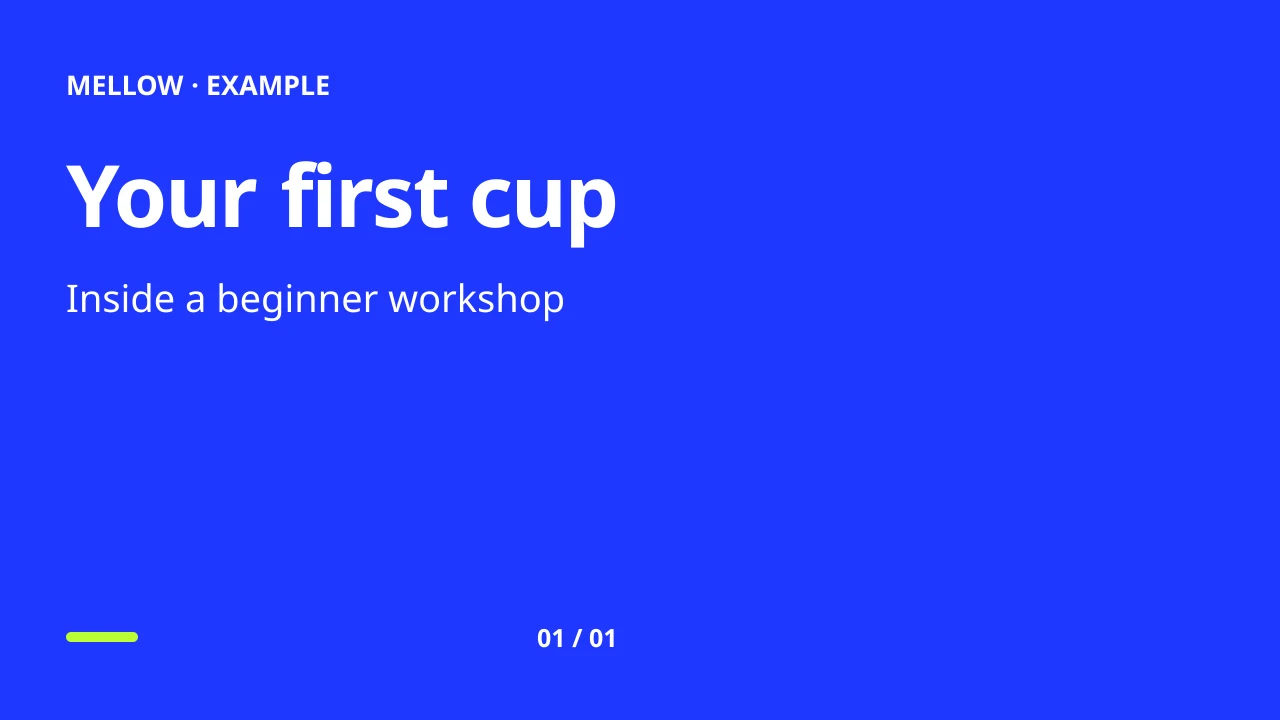 Copertina blu 16:9 dello Studio con il testo Your first cup, Inside a beginner workshop