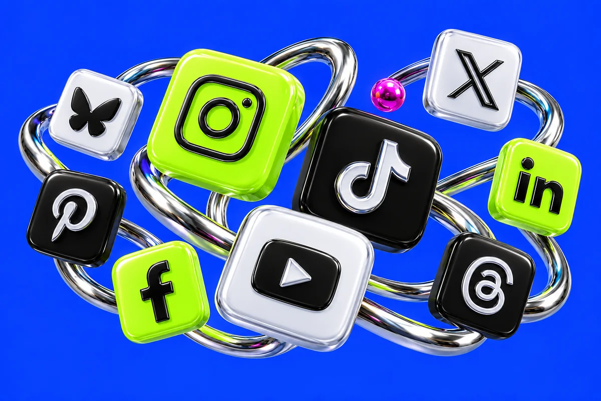 Instagram, TikTok, YouTube, X, LinkedIn, Threads, Bluesky, Pinterest, Facebook