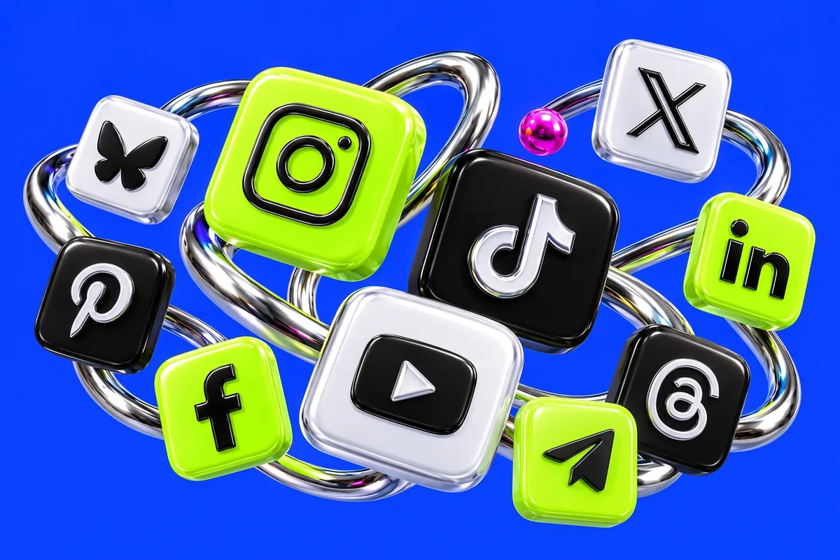 Instagram, TikTok, YouTube, X, LinkedIn, Threads, Bluesky, Pinterest, Facebook, Telegram