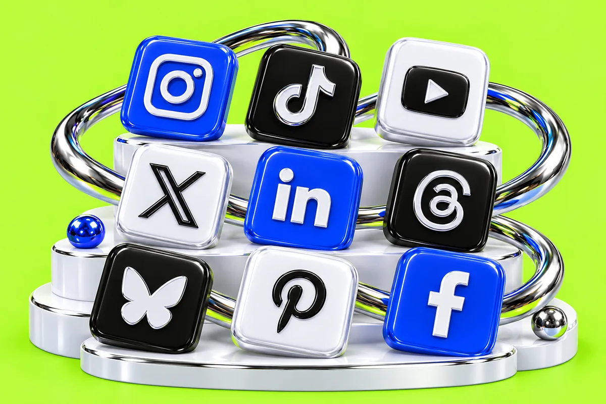 Instagram, TikTok, YouTube, X, LinkedIn, Threads, Bluesky, Pinterest and Facebook — supported publishing networks