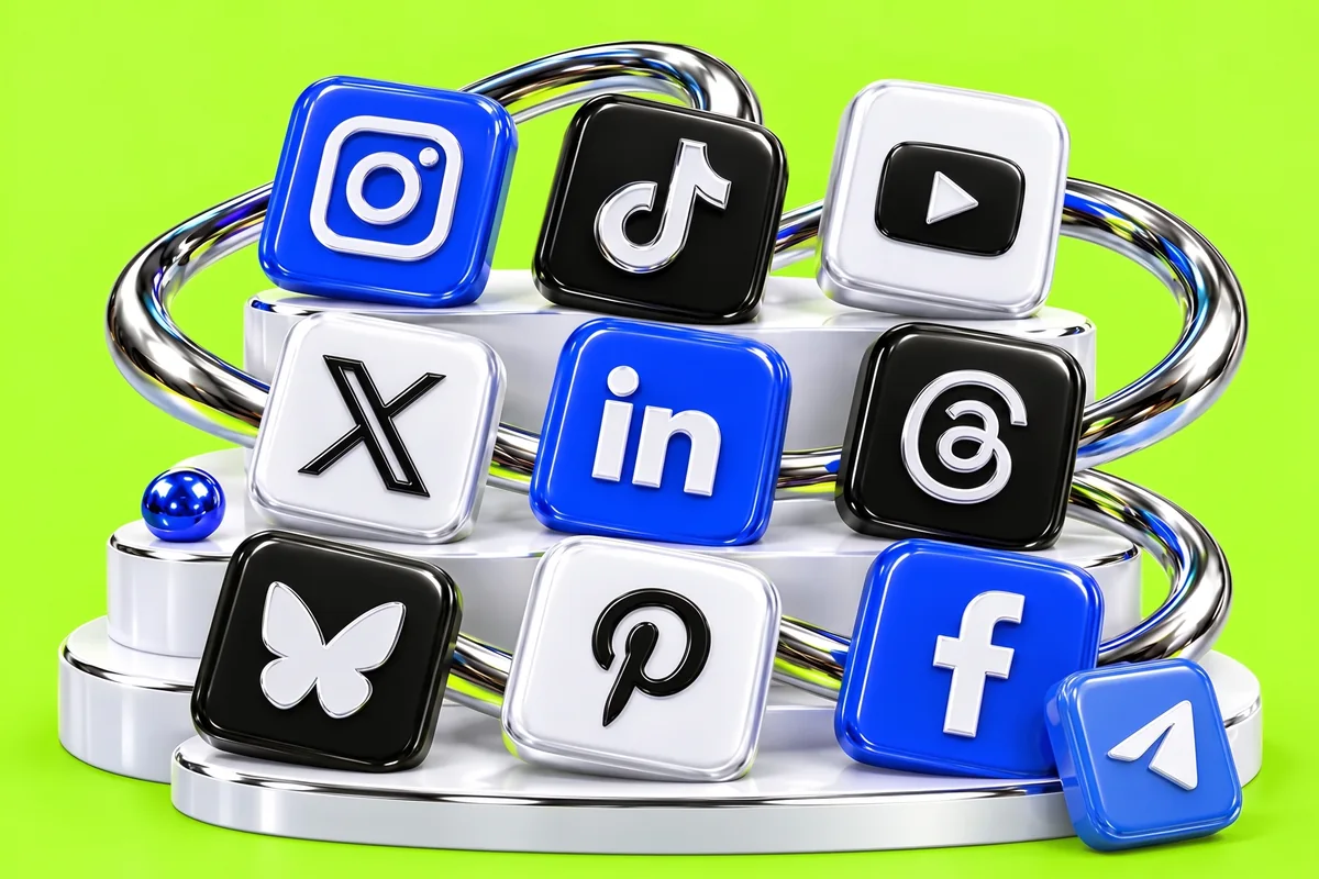 Instagram, TikTok, YouTube, X, LinkedIn, Threads, Bluesky, Pinterest, Facebook and Telegram — supported publishing networks